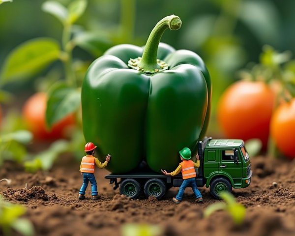 Miniature Workers Lifting Giant Bell Pepper in Garden