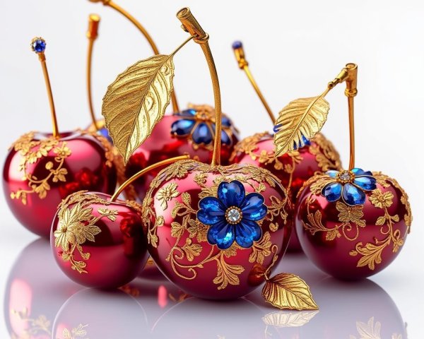 Ornate Red Cherries with Golden Leaves and Flowers