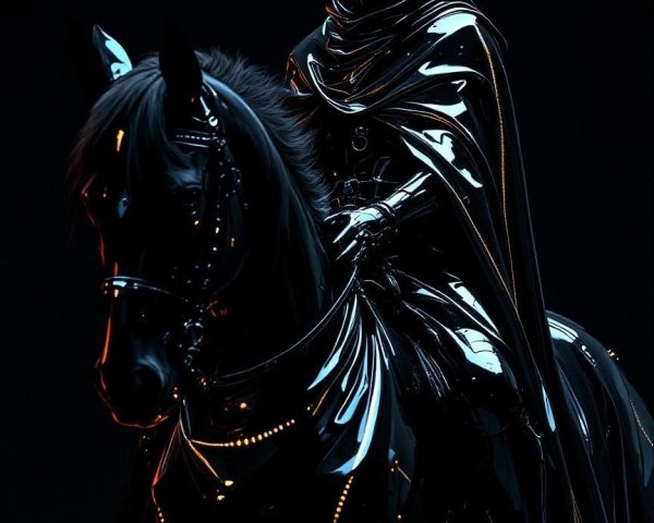 Mysterious figure in black armor on a sleek horse