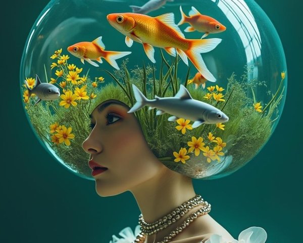 Surreal Portrait of Woman with Fishbowl Head