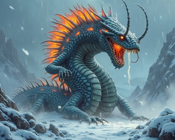 Colossal Dragon in Snowy Landscape with Fiery Features