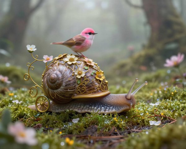 Decorated Snail with Pink Bird and Ornate Shell