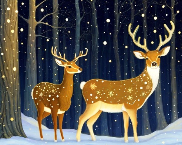 Illustrated deer with ornate antlers in snowy forest at night
