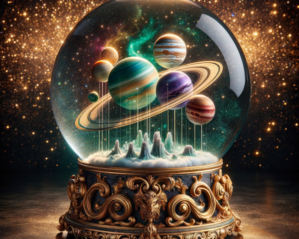 Cosmic Landscape Snow Globe with Vibrant Planets