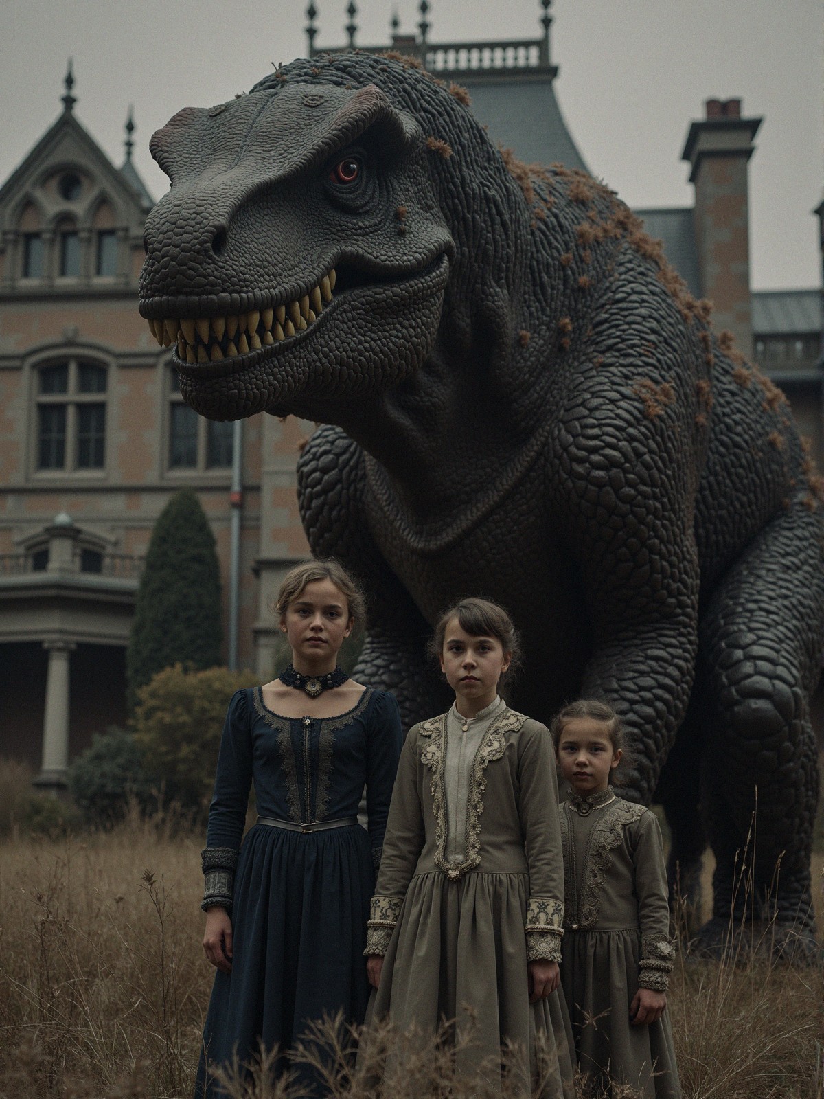 Three Girls in Vintage Dresses with T-Rex in Field