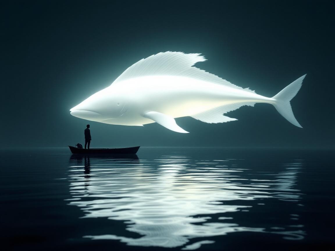 Silhouetted Figure in Boat Under Luminescent Fish