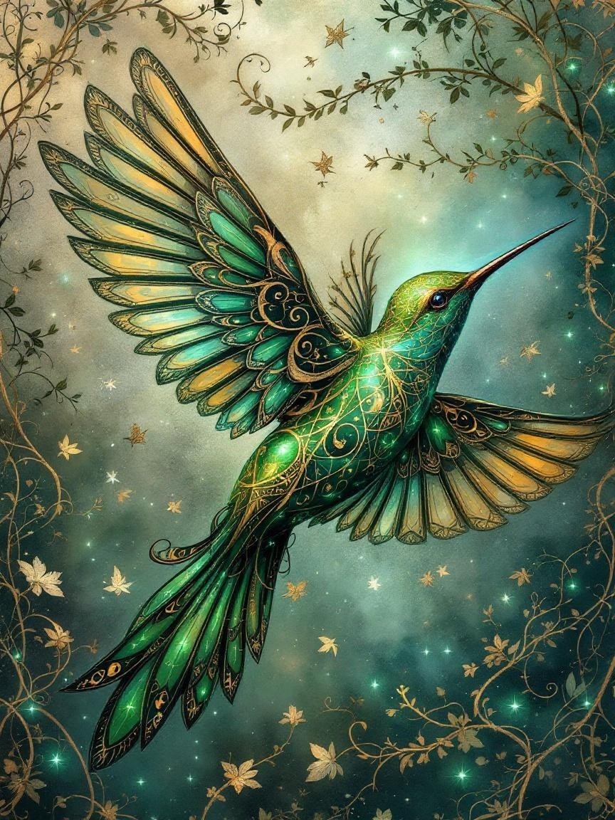 Vibrant Hummingbird Surrounded by Whimsical Vines