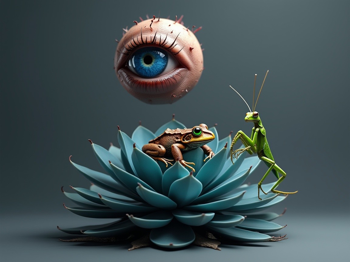 Surreal Scene with Eye, Frog, and Mantis in Nature