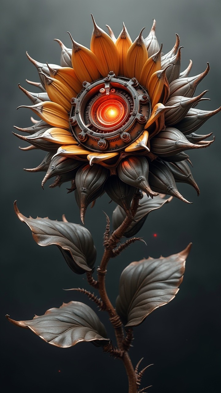 Futuristic sunflower with metallic petals and glowing core