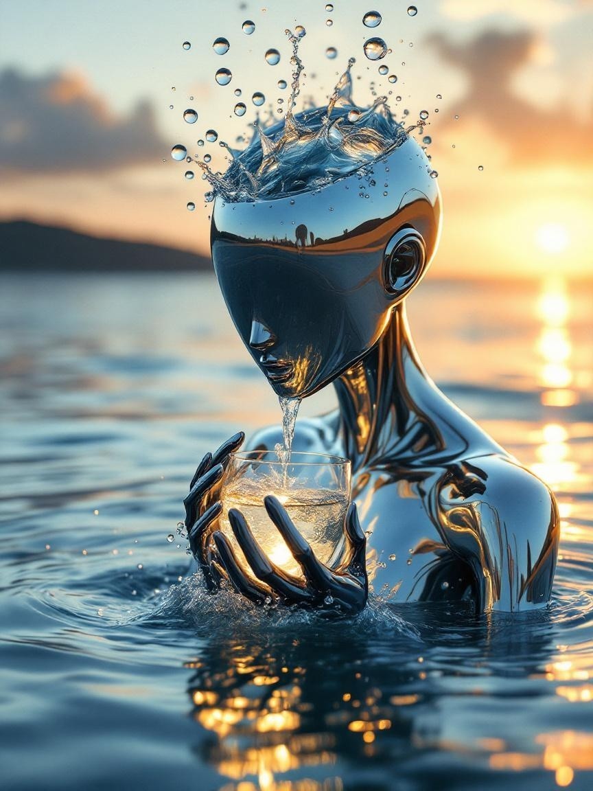 Futuristic humanoid figure in tranquil water at sunset