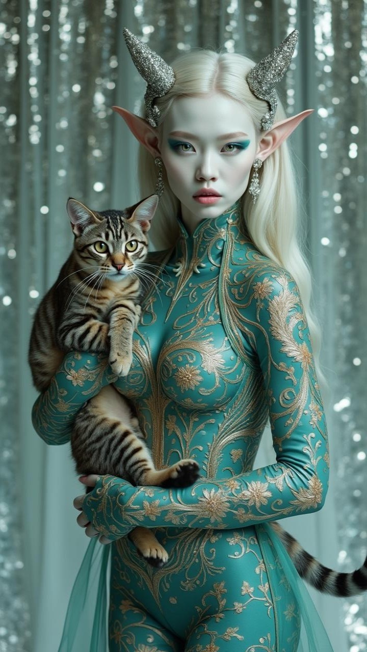 Elegant Figure with Platinum Hair and Tabby Cat