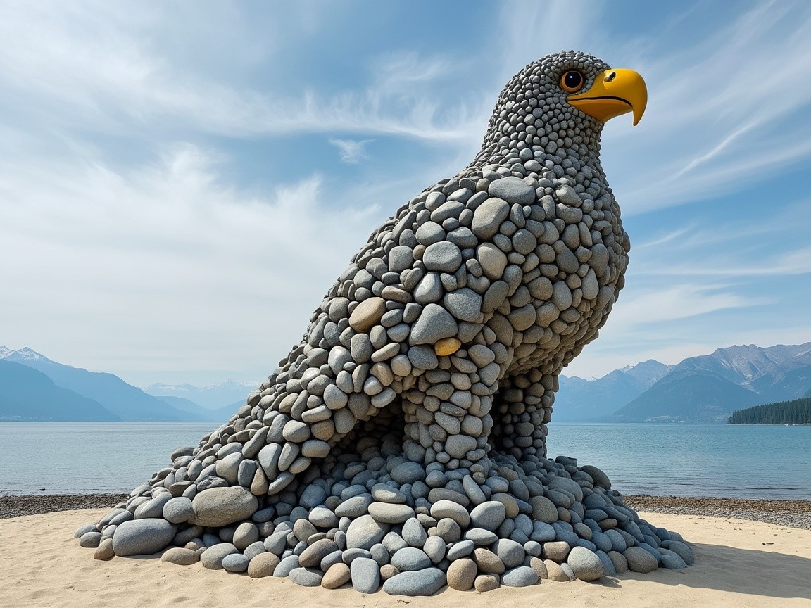 Sculpture of an eagle made from smooth stones on beach