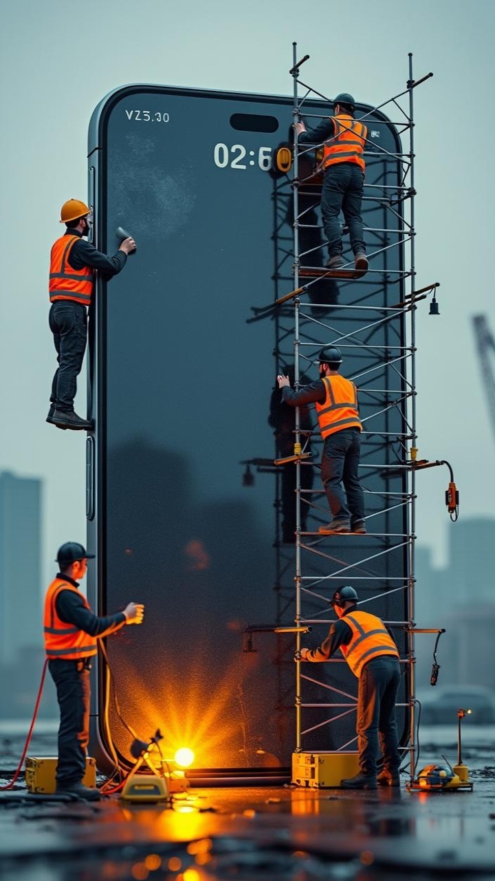 Surreal Urban Scene with Workers on Giant Smartphone