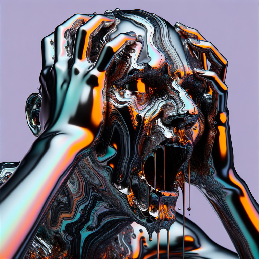 Surreal Metallic Figure with Distorted Face and Anguish