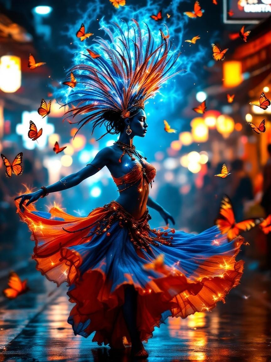 Dancer in Vibrant Costume Amid Dreamlike Atmosphere