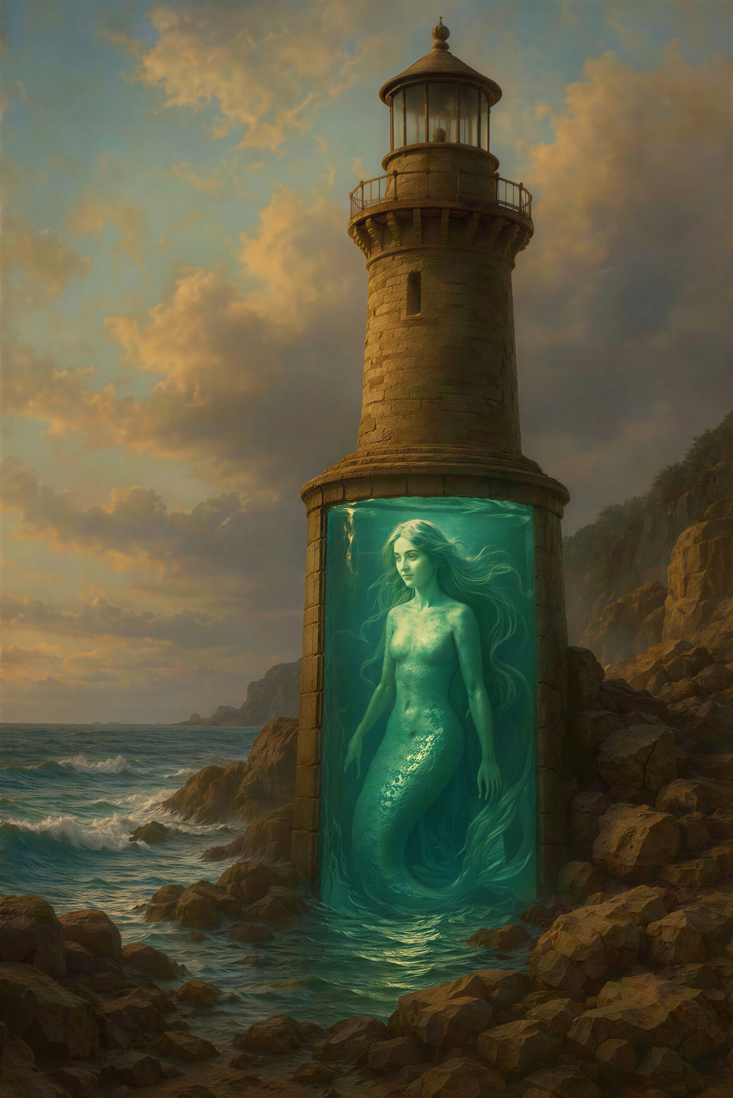 Mermaid in Lighthouse Base by Rocky Shoreline
