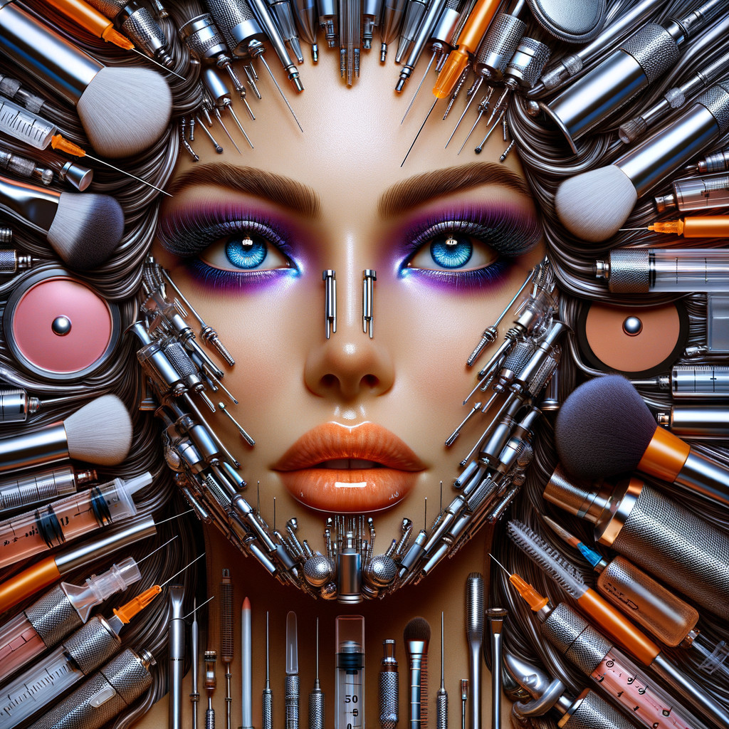 Portrait of a Woman with Bold Makeup and Beauty Tools
