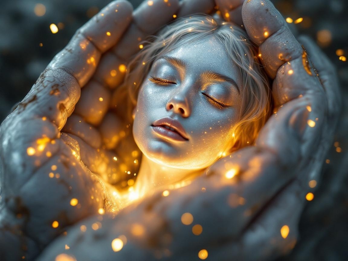 Luminescent Face in Sculpted Hand with Golden Sparks