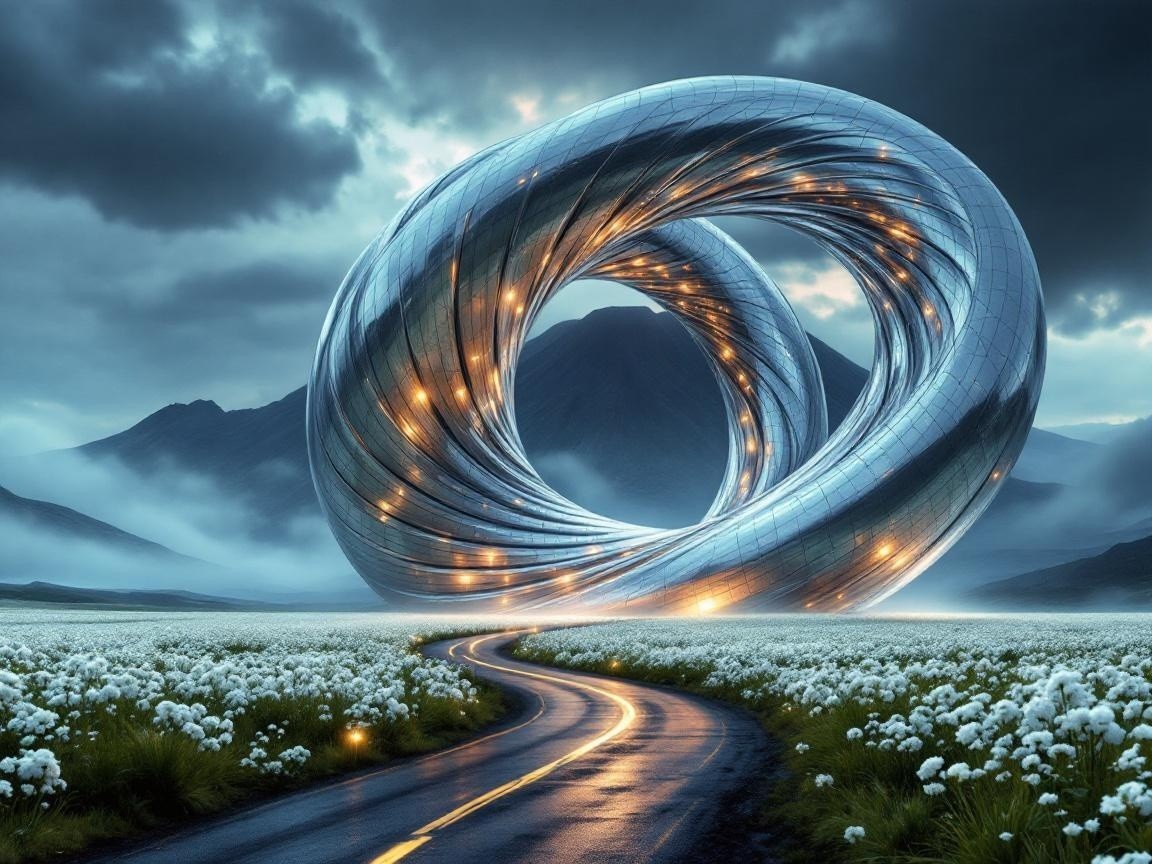 Surreal Landscape with Metallic Rings and Flowers
