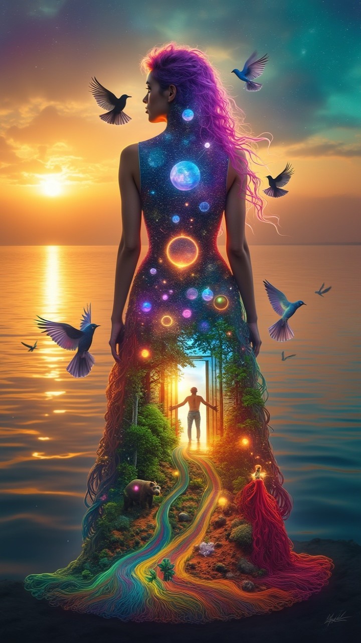 Mystical Woman by Water with Cosmic Dress and Sunset