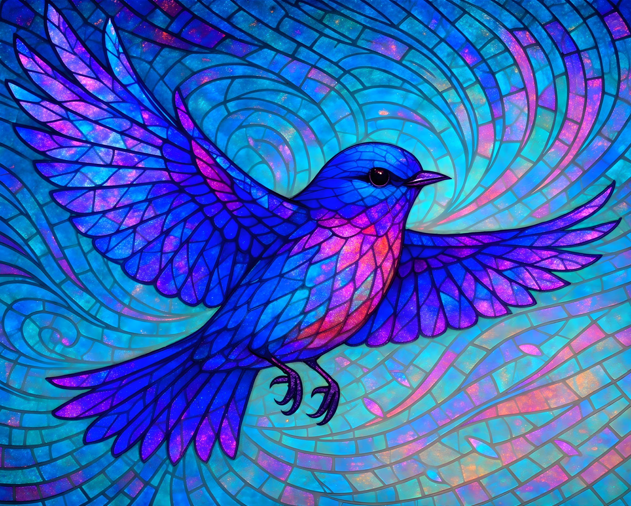 Vibrant Stained Glass Mosaic of a Soaring Blue Bird