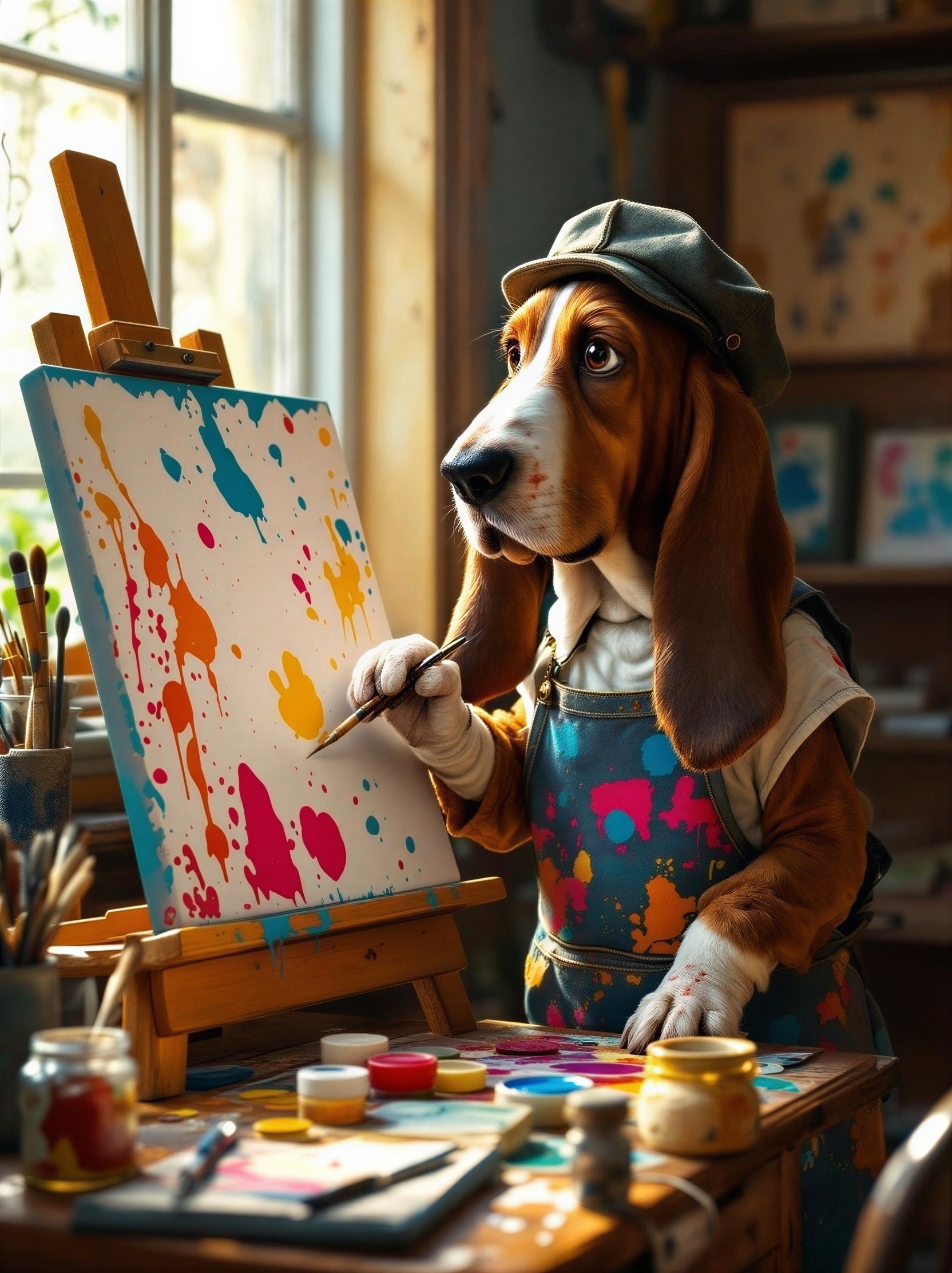 Basset Hound in Cozy Art Studio Creating Colorful Art