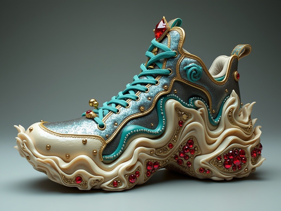 Unique Silver and Blue Surreal Wave Sneaker Design
