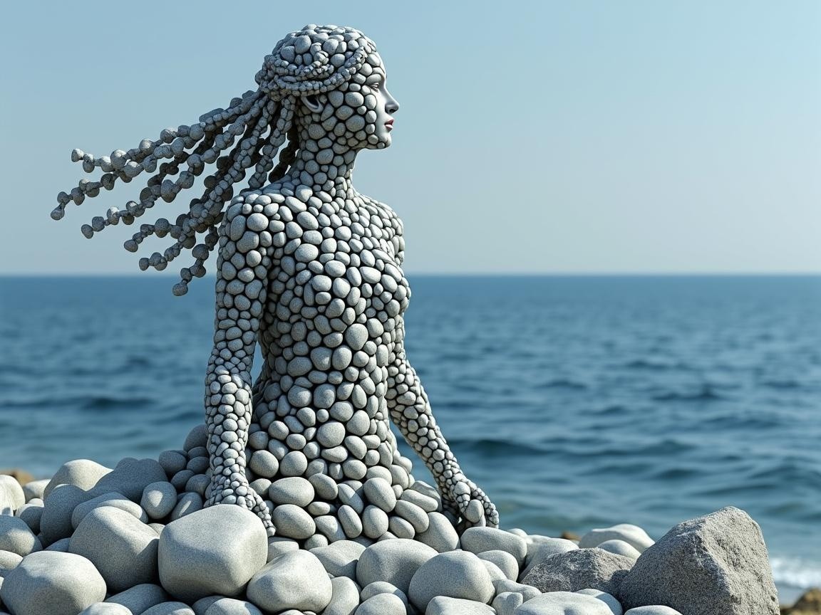 Sculpture of a Woman Made of Gray Pebbles by Shoreline