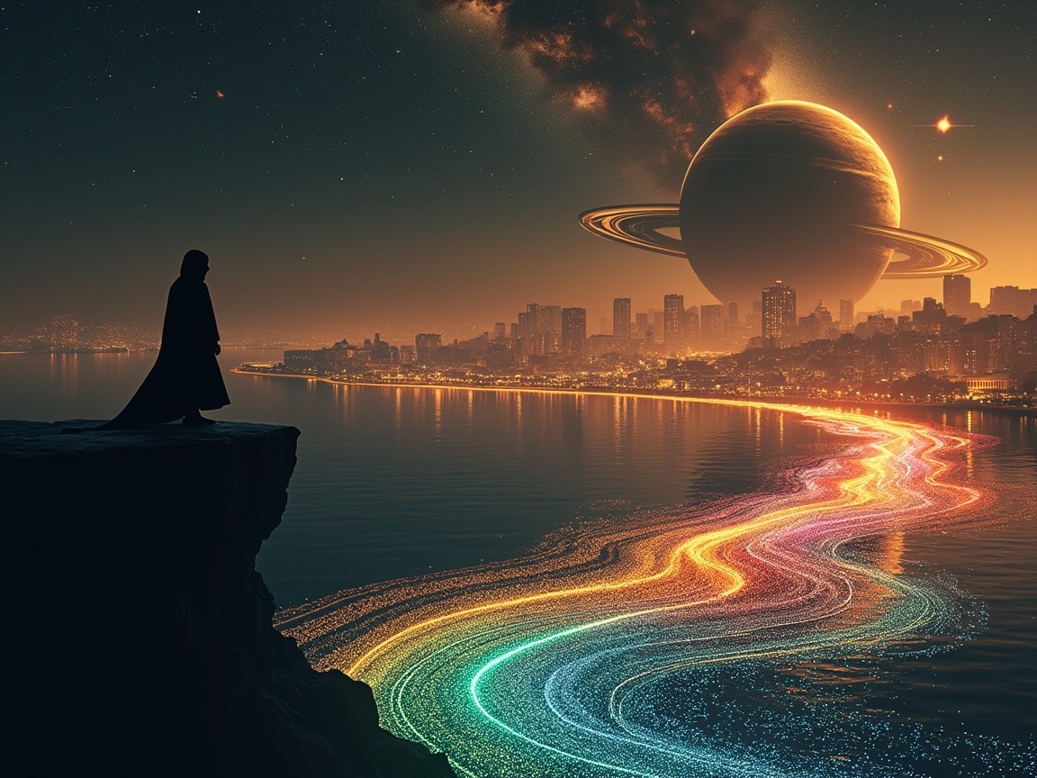 Silhouette on Cliff Overlooking Futuristic City and Planet