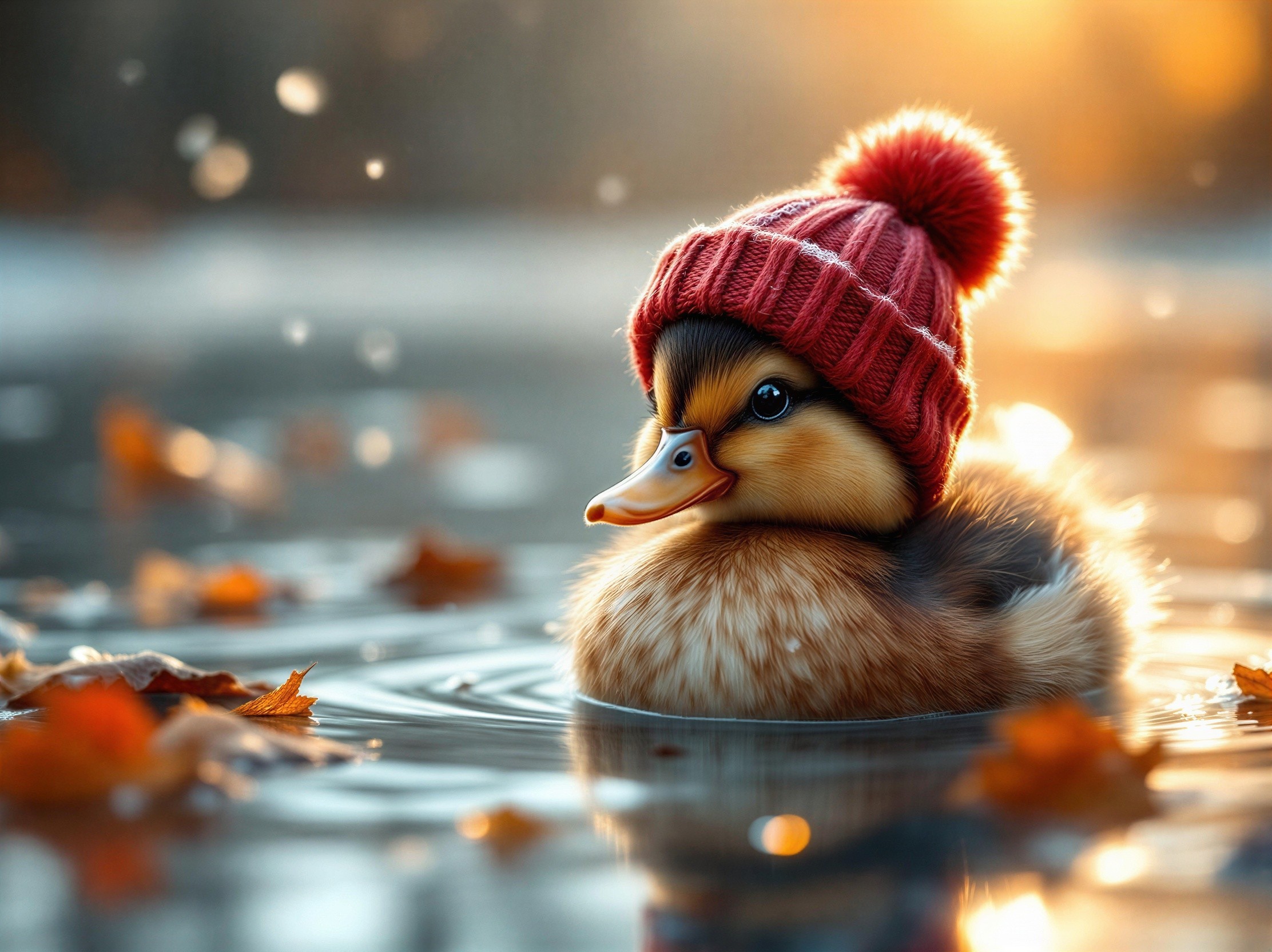 Duckling in a Red Hat Floating on a Serene Pond