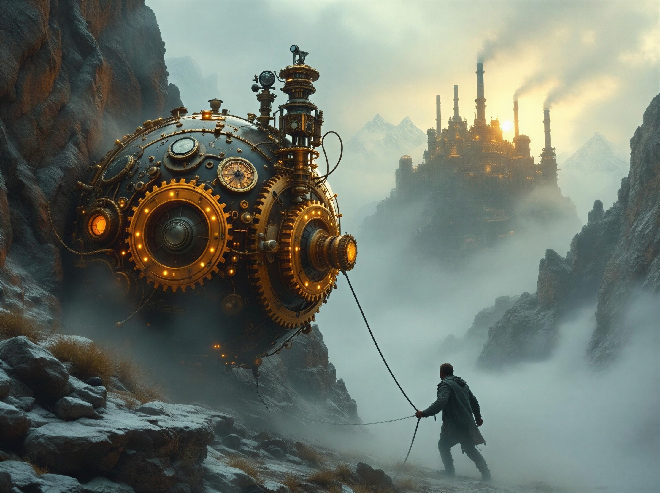 Lone Figure in Steampunk Landscape with Castle and Sphere