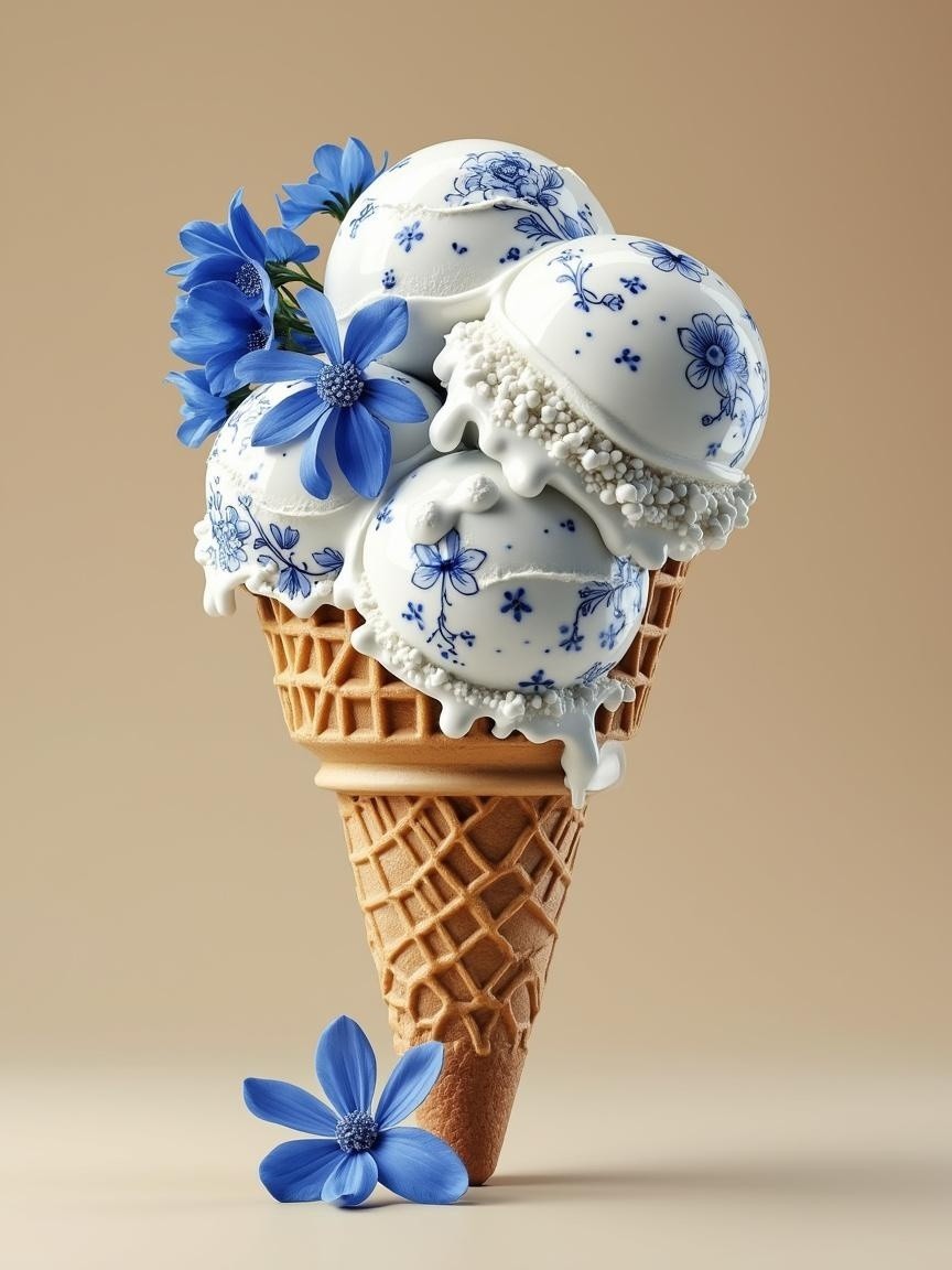 Whimsical Ice Cream Cone with Floral Porcelain Design