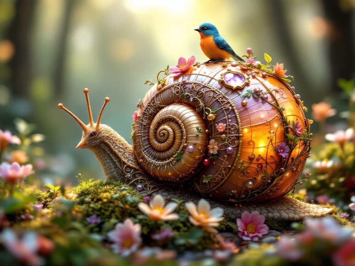 Whimsical Snail with Bluebird in Lush Landscape