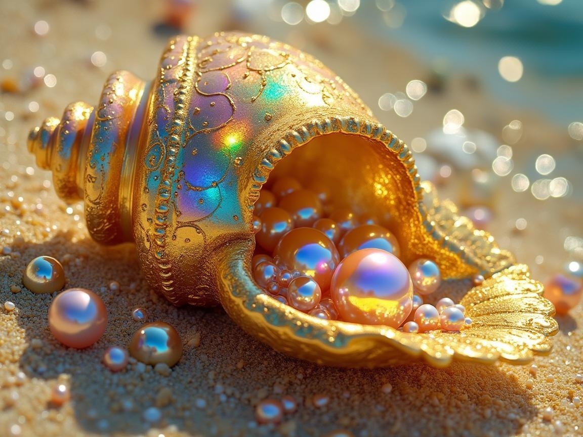Ornate golden seashell with iridescent pearls on sand