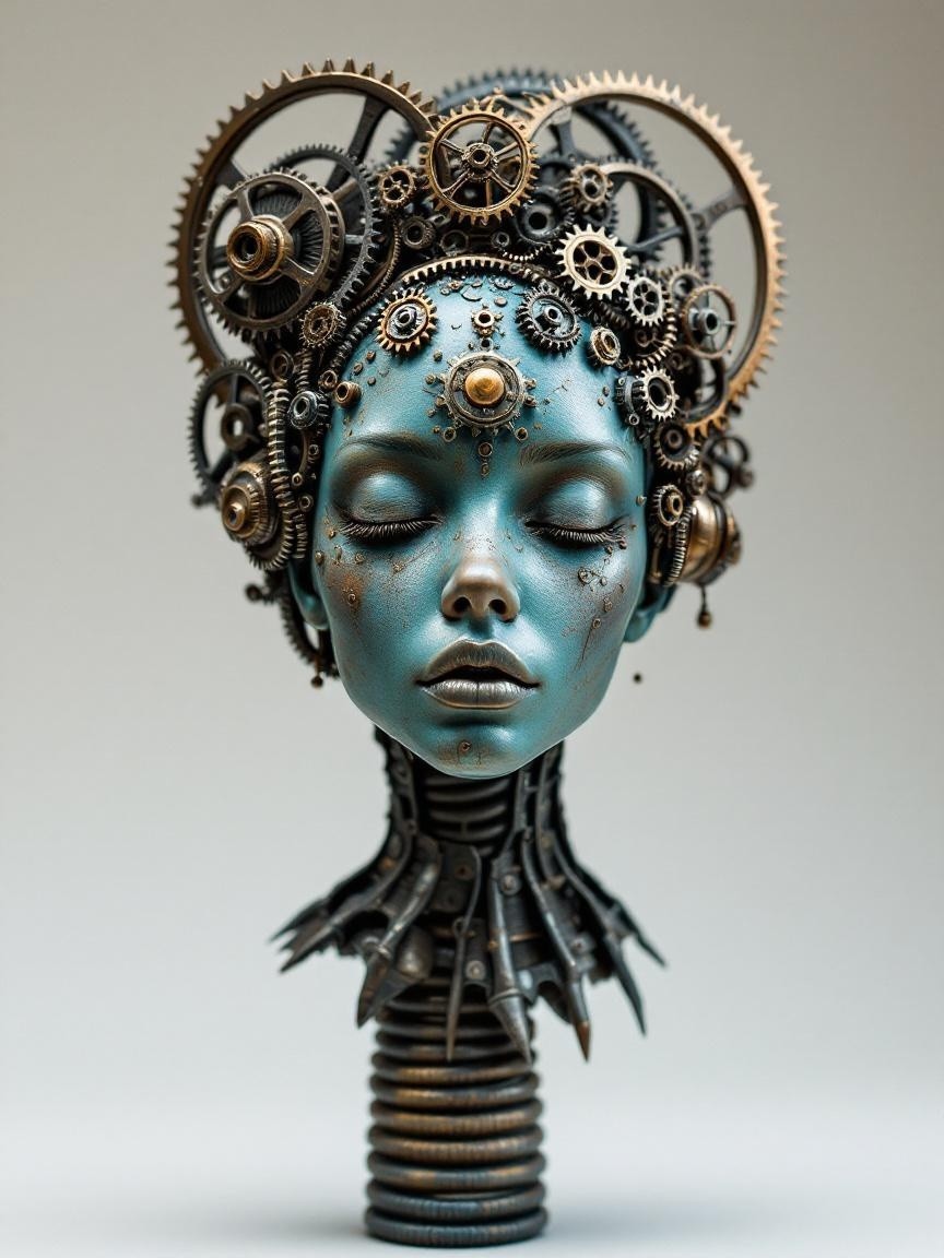 Steampunk Sculpture of Female Bust with Gears and Cogs