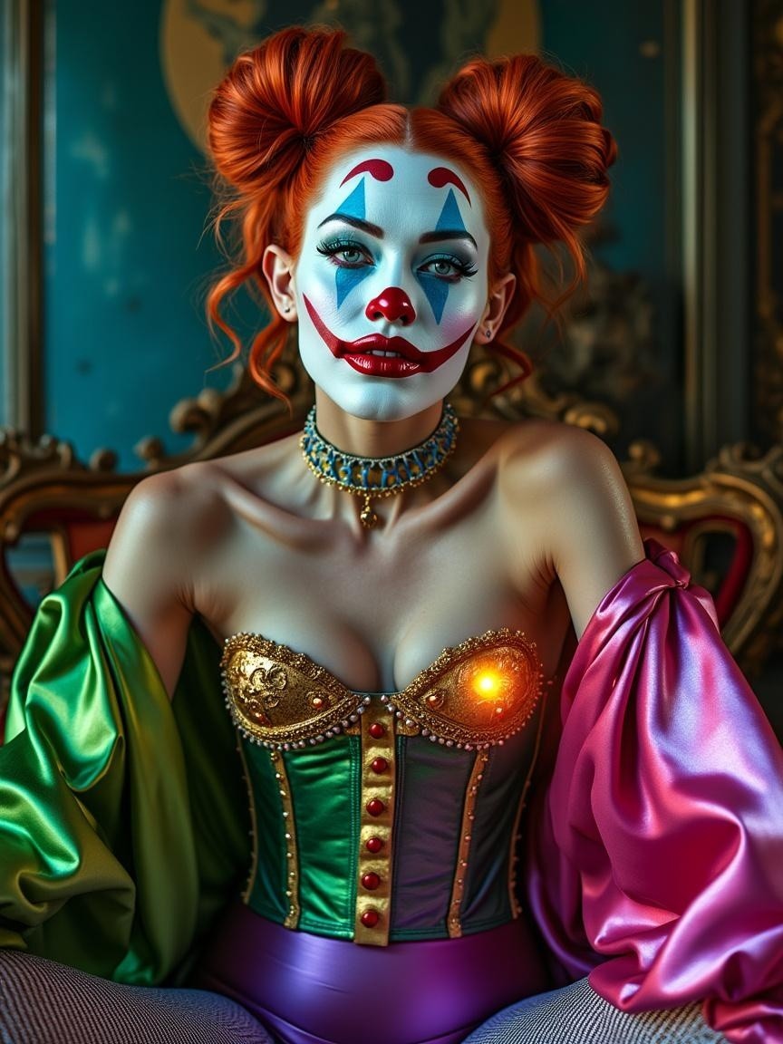 Vibrant Clown Figure in Elegant Attire and Makeup