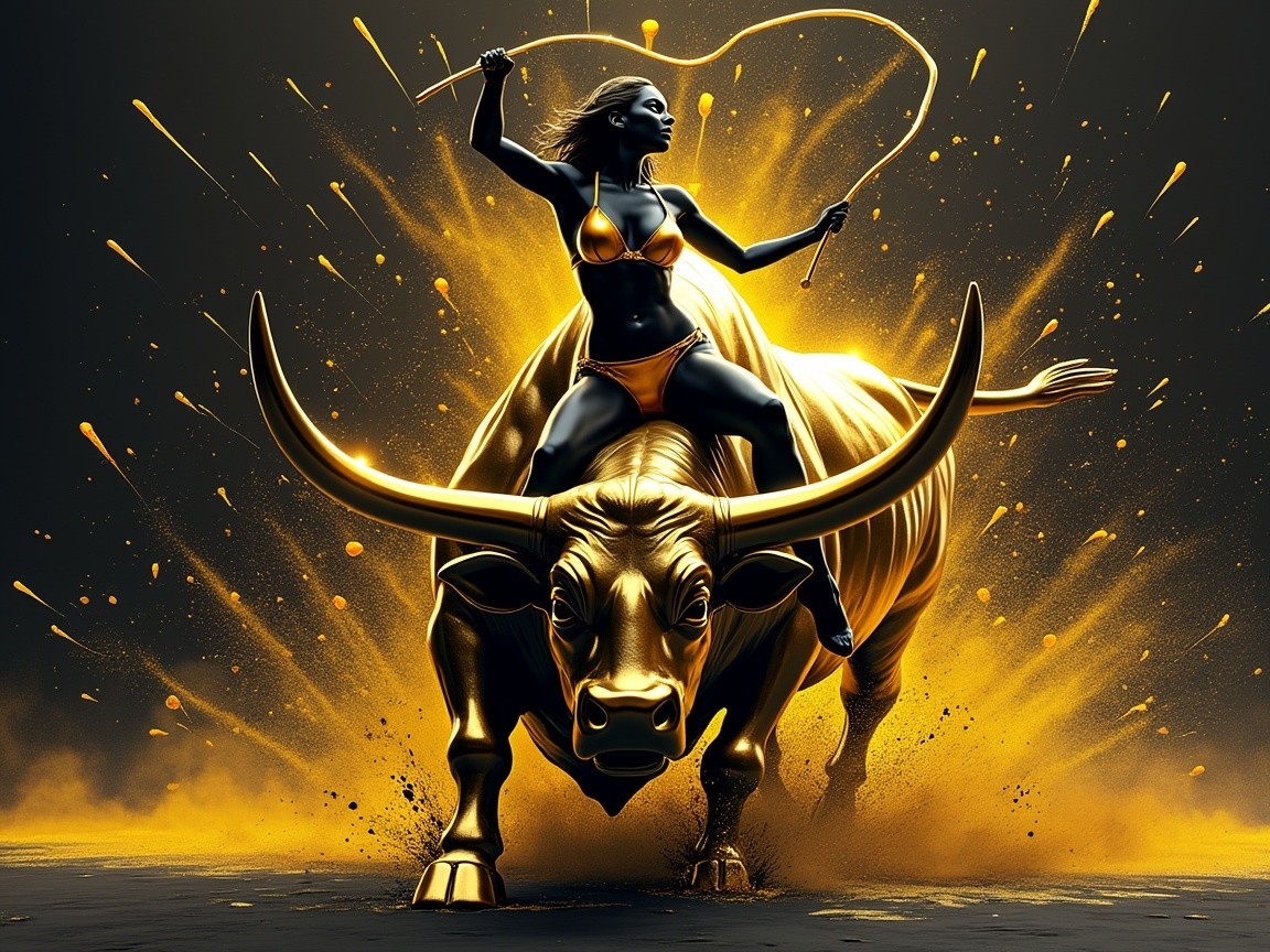 Female Figure on Golden Bull in Dramatic Scene