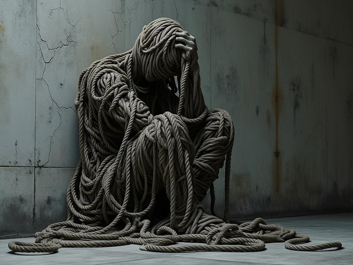 Figure Enveloped in Ropes Against Distressed Wall