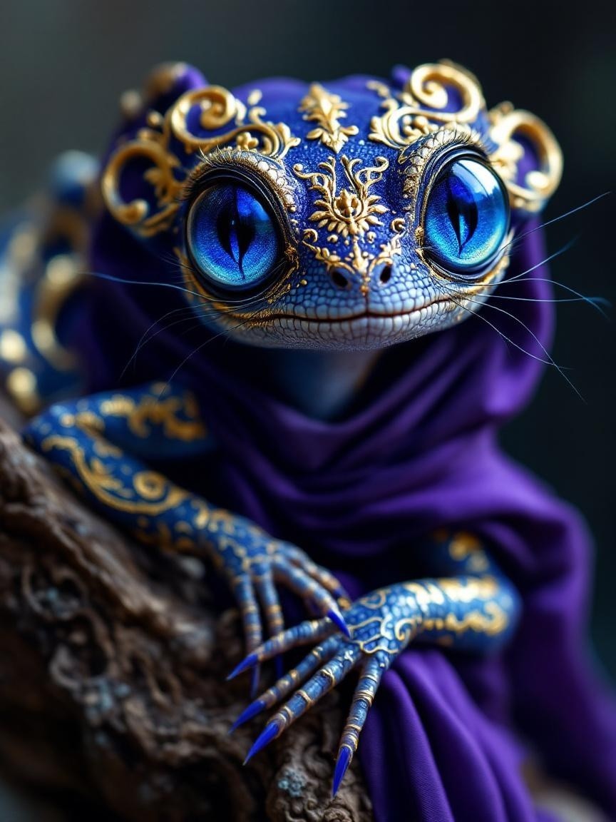 Mystical Gecko-like Creature with Gold and Blue Patterns