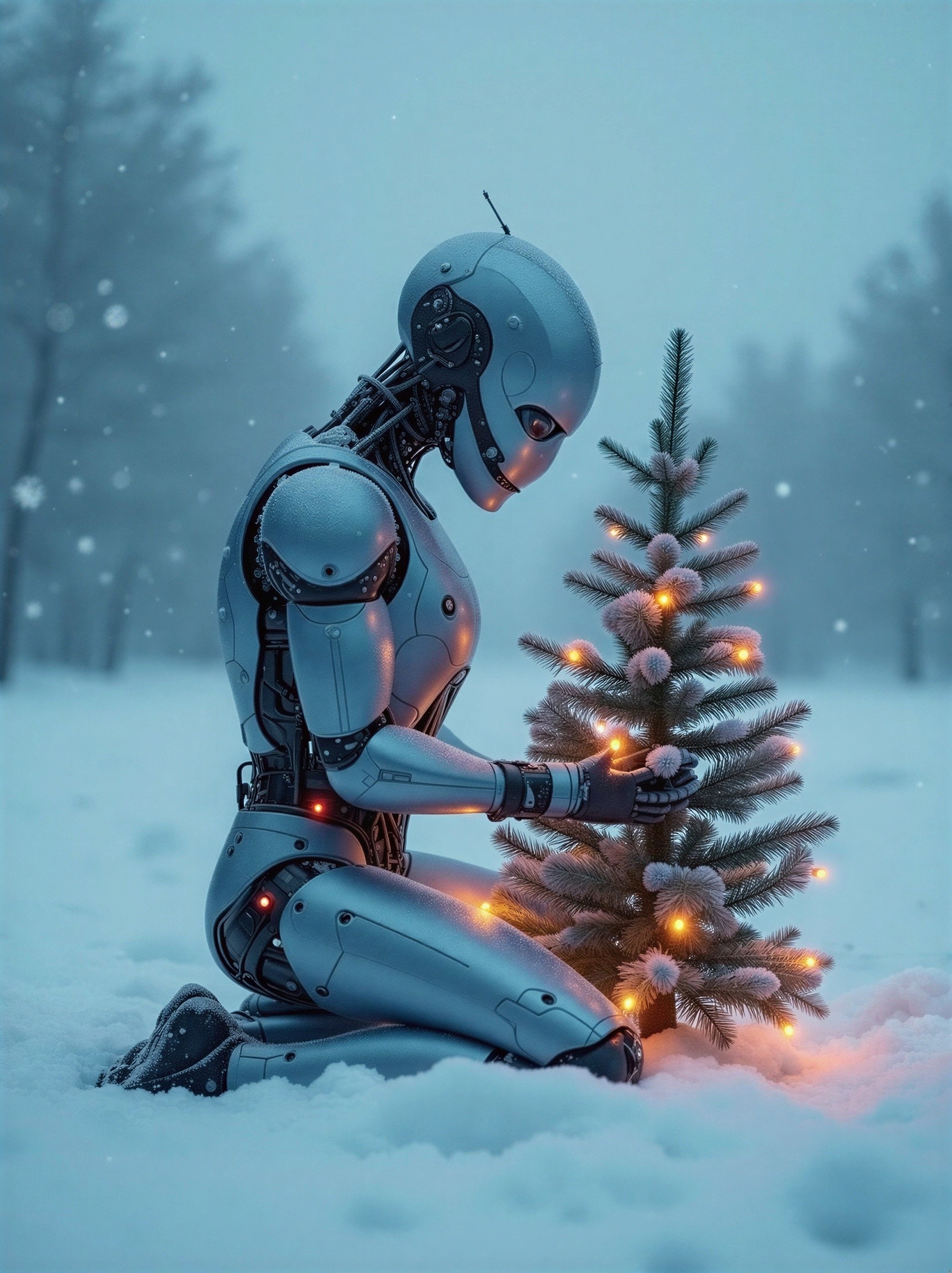 Futuristic Robot Decorates Christmas Tree in Snowy Scene