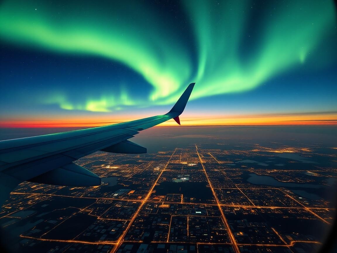 Airplane View of Auroras and Urban Sunset Landscape