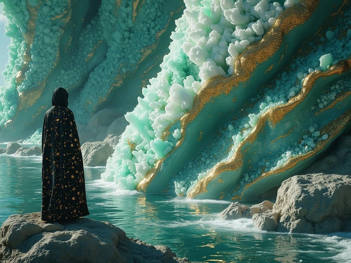 Figure in Black Cloak Against Turquoise and Gold Cliffs
