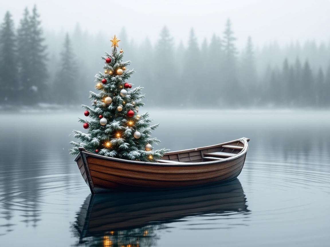 Wooden Boat with Christmas Tree on Misty Lake