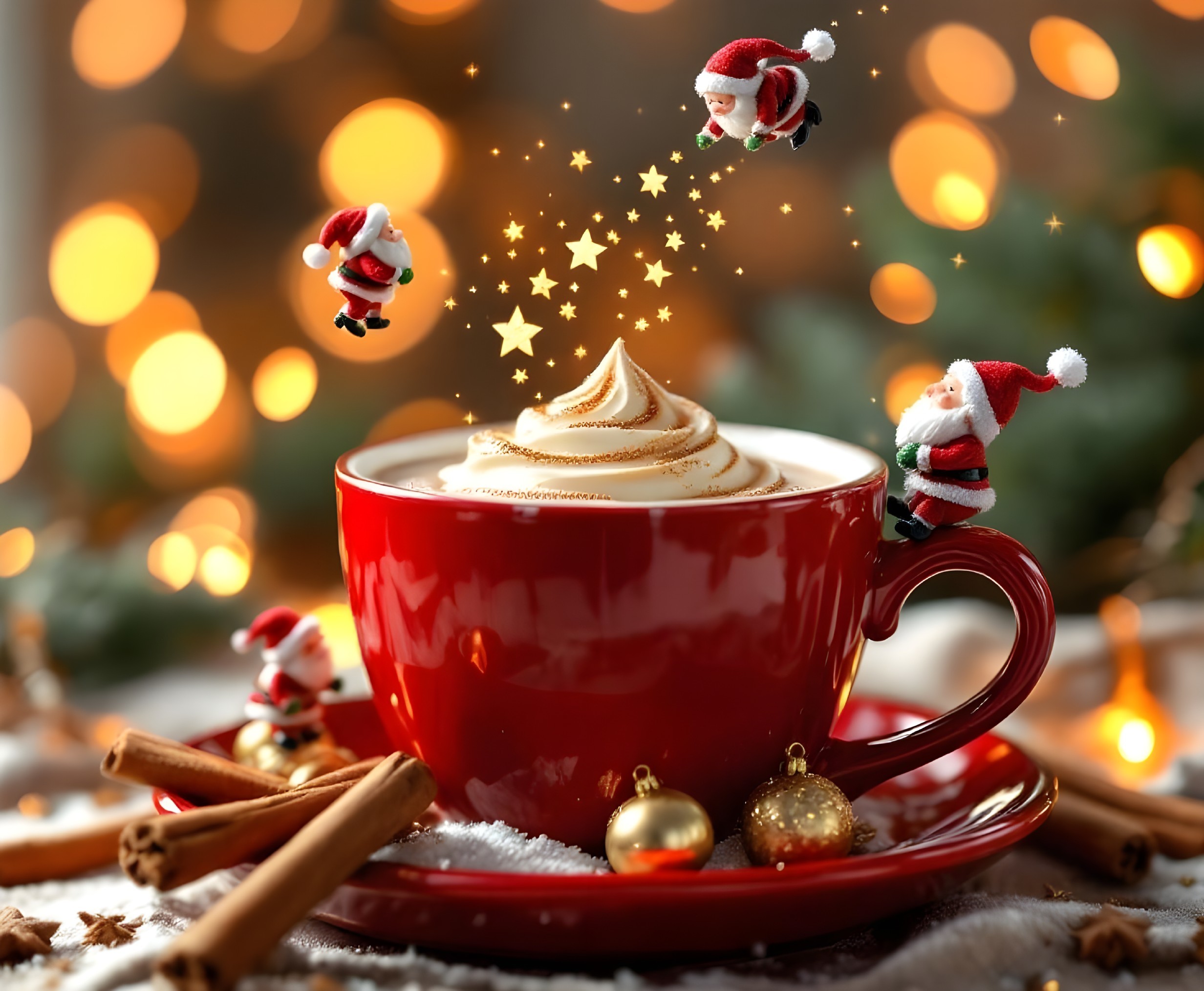 Festive Red Mug of Hot Chocolate with Holiday Decor