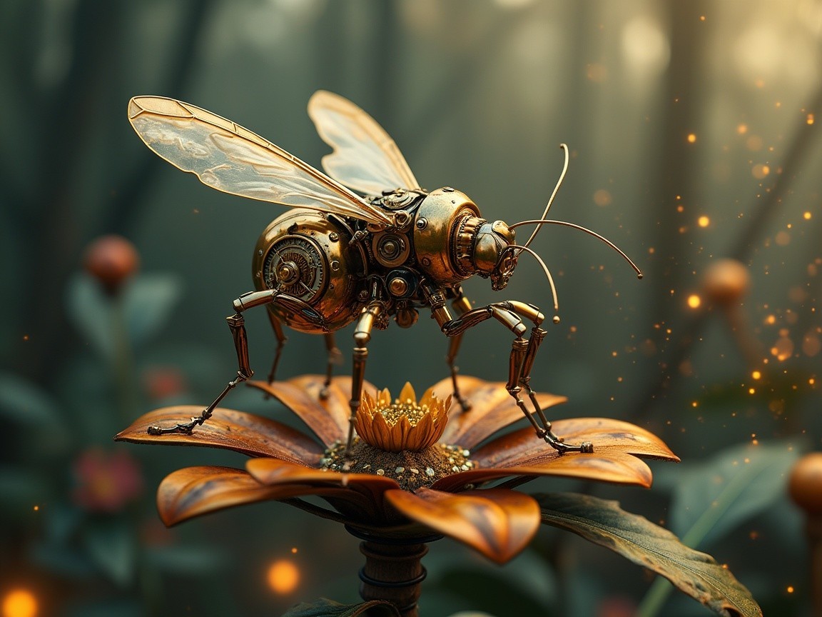 Steampunk Robotic Bee on Golden Flower in Forest