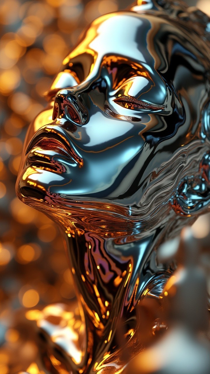 Reflective Face Sculpture with Golden Background