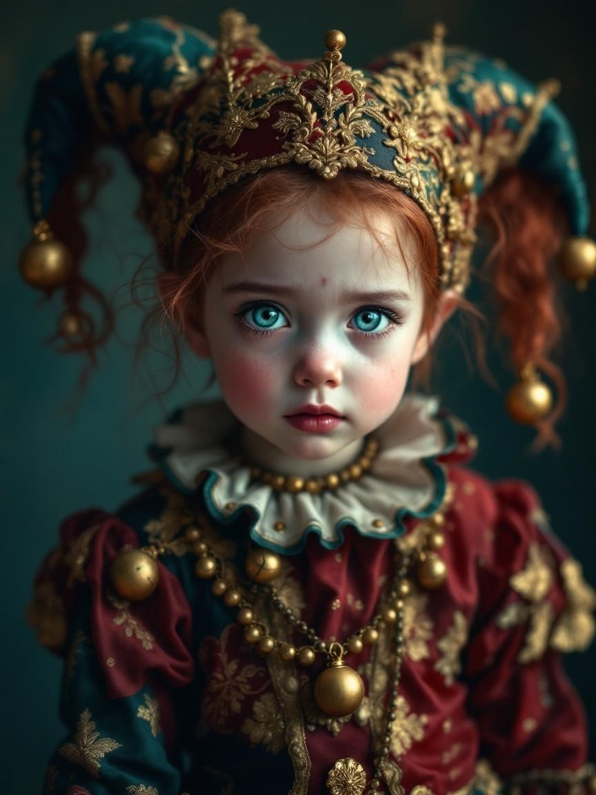 Child in Colorful Jester Costume with Intricate Details