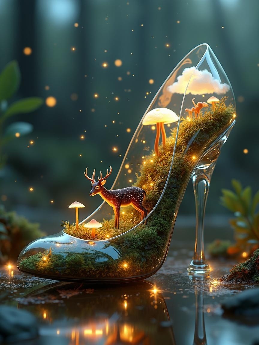 Miniature Forest Scene Inside High-Heeled Shoe
