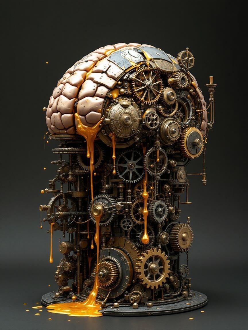 Sculpture of a brain with gears and molten liquid