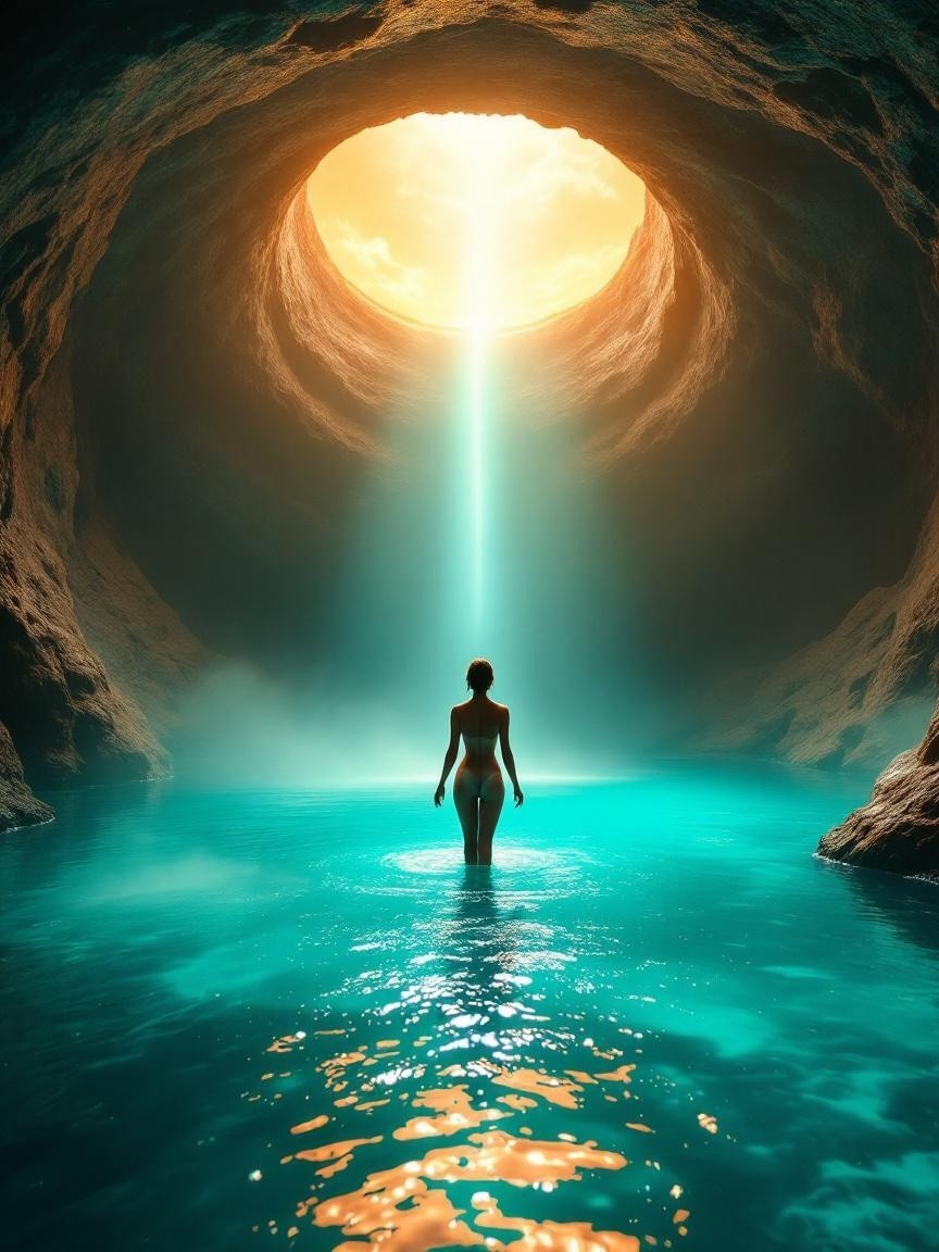 Cave Scene with Luminous Water and Sunlight Beam
